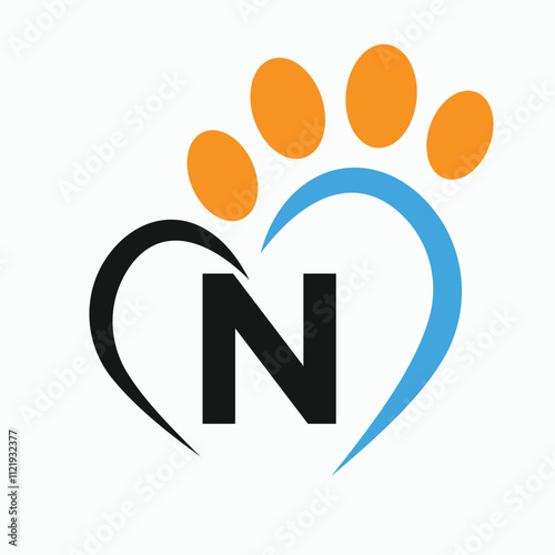 Letter N Pet Logo Design Concept With Paw and Heart Symbol Vector