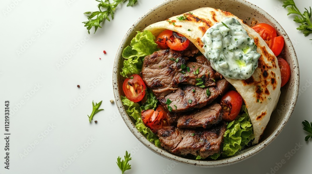 Grilled meat salad with vegetables and sauce in a bowl Grilled meat salad with vegetables and sauce in a bowl