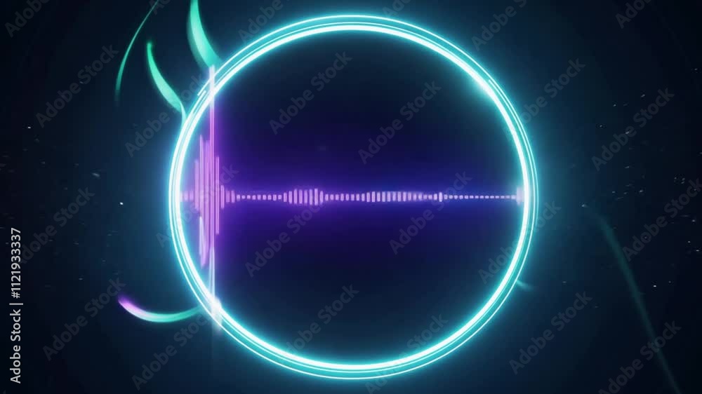 Vibrant glowing soundwave forming a circular pattern, representing music, audio technology, and the digital visualization of sound vibrations in a dynamic design.