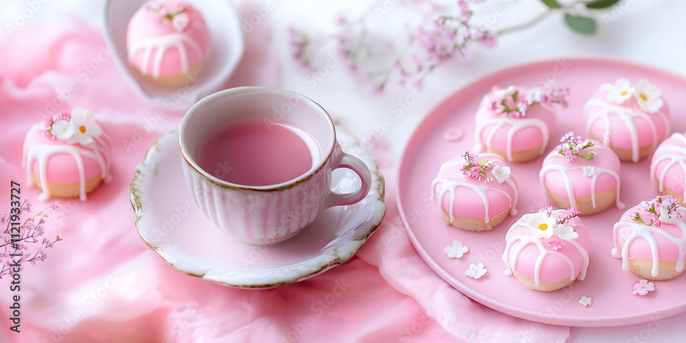 Fototapeta premium Pink mini cakes and tea set on pastel background, horizontal, suitable for bakery presentations, tea party events, dessert blogs, feminine lifestyle content and sweet celebration materials