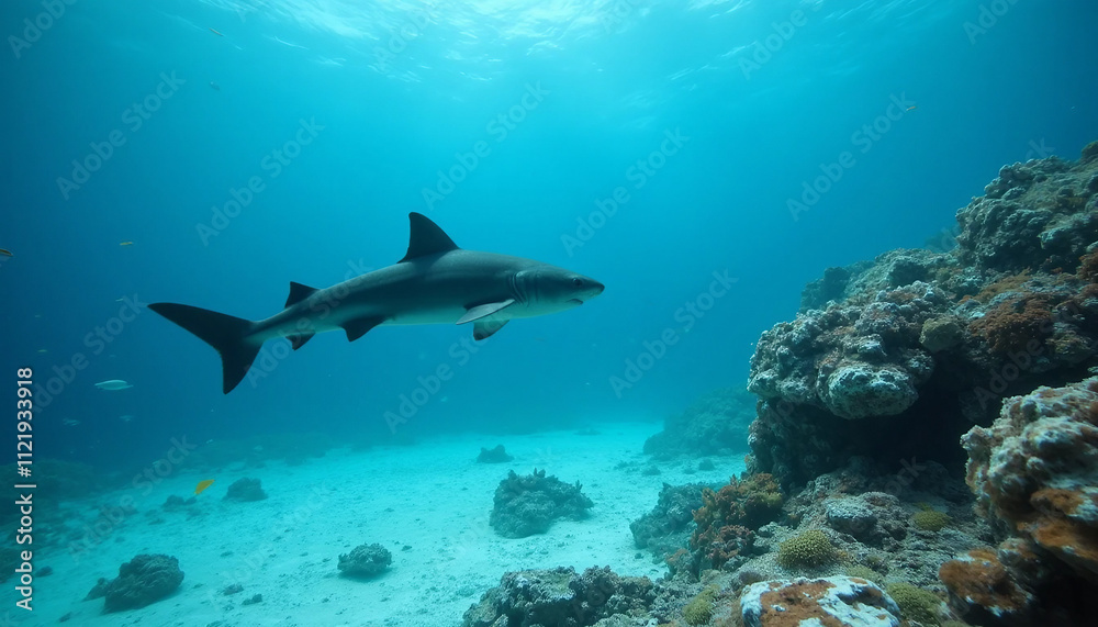 Fototapeta premium Photorealistic baby shark gliding near coral reef in soft blue ocean