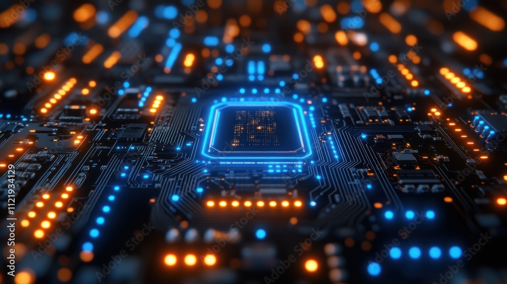 Futuristic circuit board with glowing components Futuristic circuit board with glowing components