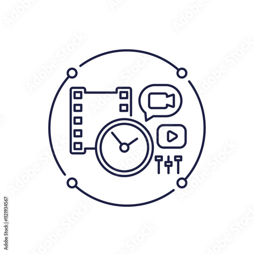 video duration time icon with film strip, line vector