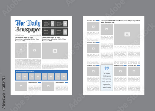 Graphical layout newspaper template or daily magazine with text and picture placeholder. Corporate news paper layout design