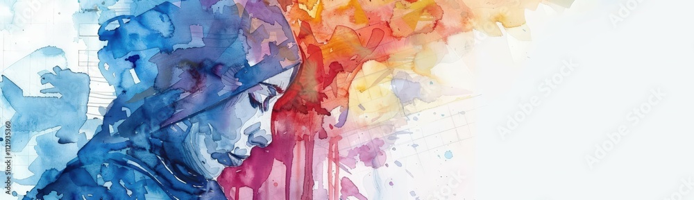 Obraz premium Detailed watercolor closeup of a conflicted investor in Islamic attire, with a serene expression amidst financial symbols White background ensures a clear, focused image