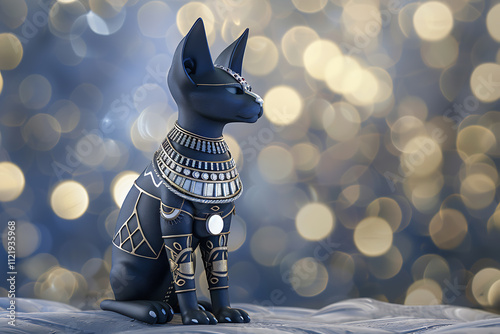 egyptian futuristic sphinx, a cute manga-style sphynx cat adorned in silver with a moody egyptian background, futuristic and enchanting with dramatic, friendly lighting photo