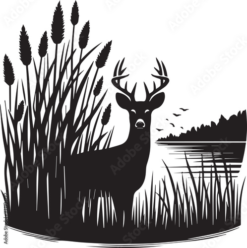 A deer peeking from behind by a lake vector silhouette
