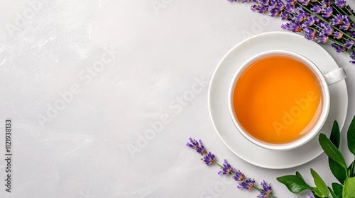 a photostock of a single teacup with herbal tea and a sprig of lavender, soothing still life 2025