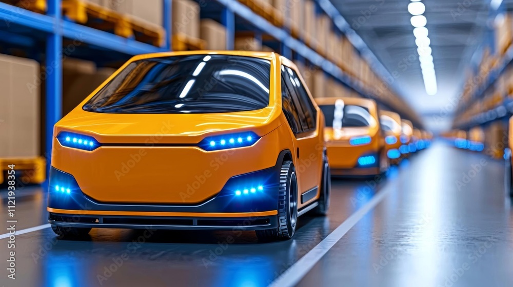Fototapeta premium a photostock of a sleek modern warehouse with rows of robotic vehicles, automation style 2025