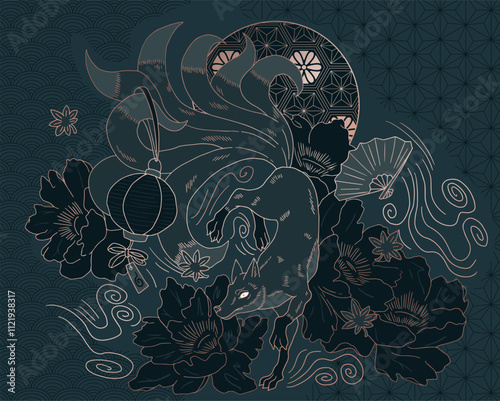 abstract illustration fox, mythological creature kitsune, nine tailed fox in minimalist asian style, with ornaments and waves