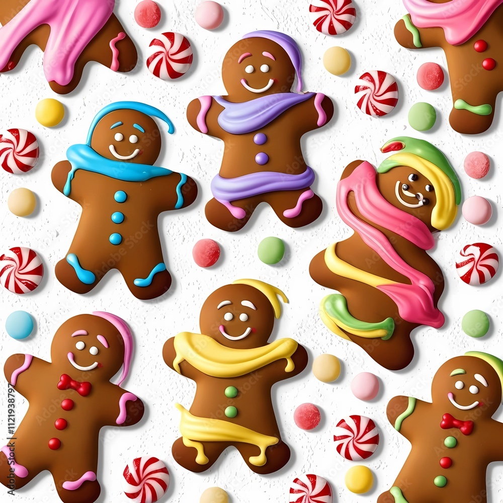 Fototapeta premium Isolated gingerbread men with playful expressions and colorful icing, surrounded by scattered candy canes and gumdrops