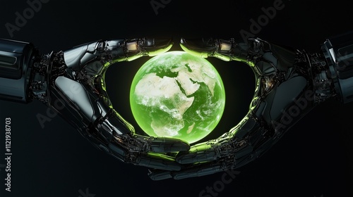 Futuristic Robotic Hands Holding a Glowing Green Earth, Symbolizing Sustainability