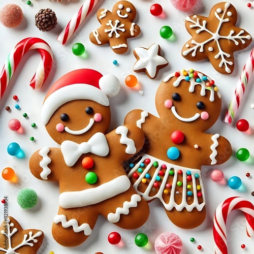 Isolated gingerbread men with playful expressions and colorful icing, surrounded by scattered candy canes and gumdrops photo