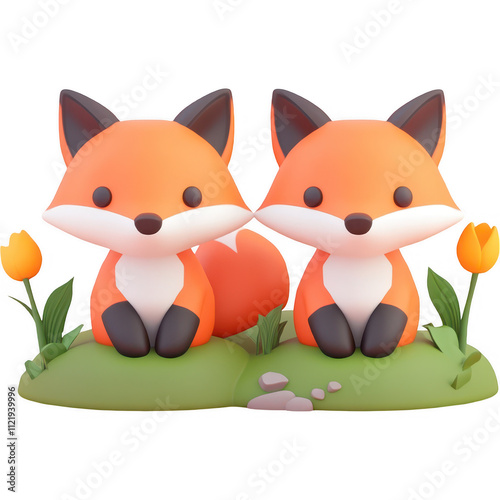 Friendly Anthropomorphic Fox Couple on a Springtime Grassland