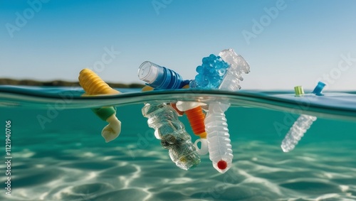 Close-up of suspended microplastics in ocean water, highlighting pollution's harmful effects on drinking water and ecosystems. AI generative.