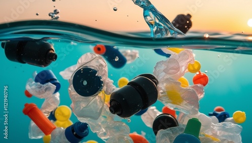 Microplastics in ocean water, showcasing plastic pollution's threat to environmental safety and drinking water quality. AI generative.