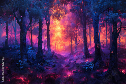 neon forestscape, the magical scene of a moonlit forest clearing, enhanced by neon yarn intertwined among the trees, evokes a surreal ambiance