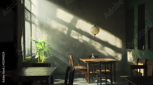 Dust-covered tables, empty chairs, a silent echo in a forgotten chinese office. Echoes. Illustration photo