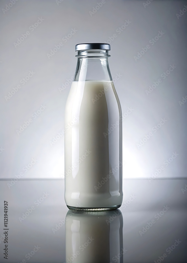 Minimalist Photographic Style of Glass Milk Bottle with Fresh White Milk Clean, Modern Design Emphasizing Purity, Freshness, and Transparency Minimalist Photographic Style of Glass Milk Bottle with Fresh White Milk Clean, Modern Design Emphasizing Purity, Freshness, and Transparency