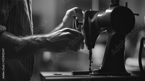 Working process of leather craftsman. Tanner or skinner sews leather on a special sewing machine, close up.worker sewing on the sewing machine photo