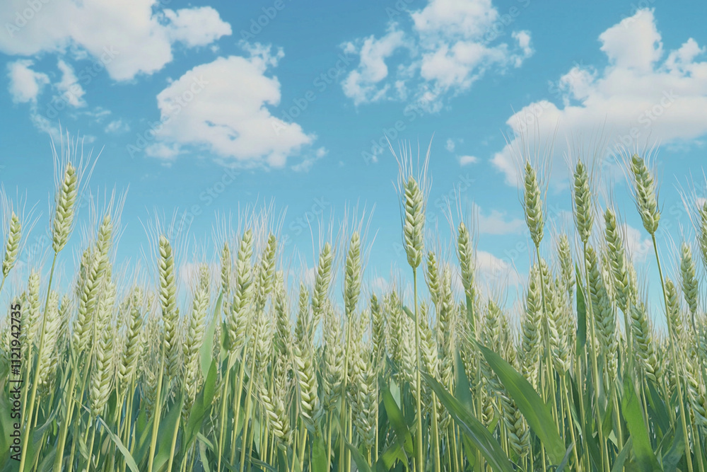 Fototapeta premium Wheat field under a bright blue sky with scattered clouds