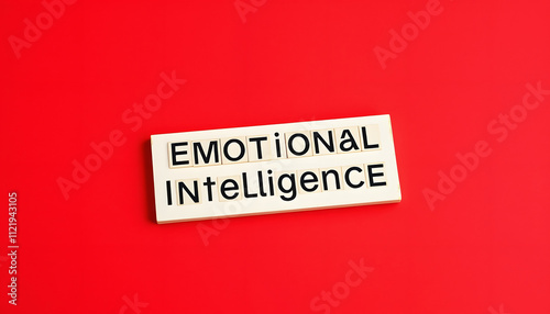 On a red background, there are wooden letters and a plate with the inscription - Emotional Intelligence isolated highlighted by white, png photo