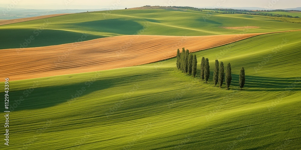 Obraz premium A wide aerial shot of gently rolling fields, divided by natural lines of tall, slender trees, under the warm golden light of a late summer afternoon
