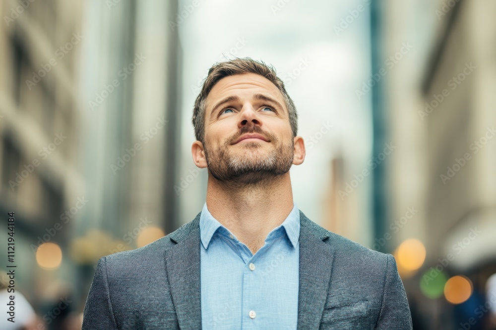 Naklejka premium Confident Businessman Looking Up in Urban Setting with Modern Architecture and Soft Natural Light Backdrop for Professional or Inspirational Themes