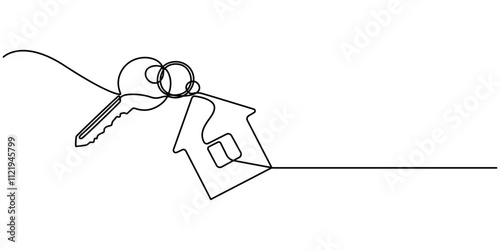 continuous line art drawing of a house with a key, Set of keys against white background, Continuous one line art drawing symbol of house keys, Real Estate Line Icon Vector Design, Continuous One Line.