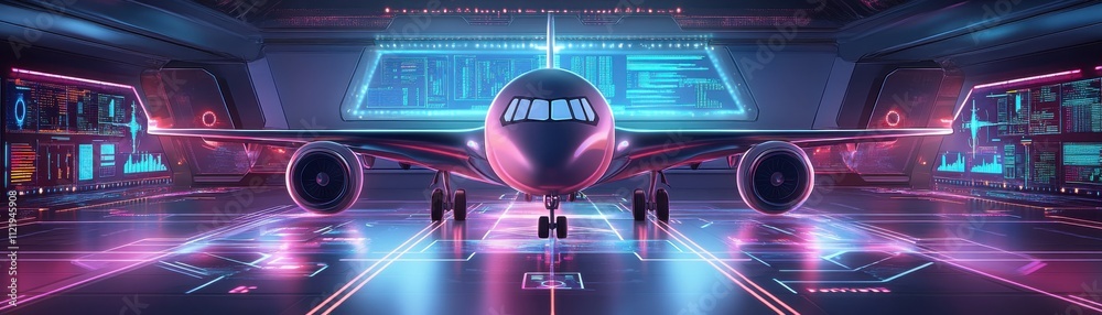 Fototapeta premium Futuristic airplane in a high-tech environment with neon lights and digital displays.