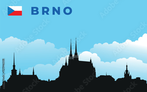Black silhouette of Brno city skyline with text and flag. Vector on the background of blue sky and white clouds