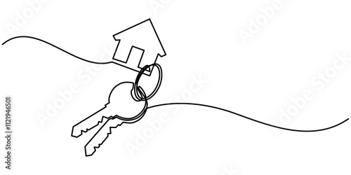 continuous line art drawing of a house with a key, Set of keys against white background, Continuous one line art drawing symbol of house keys, Real Estate Line Icon Vector Design, Continuous One Line.