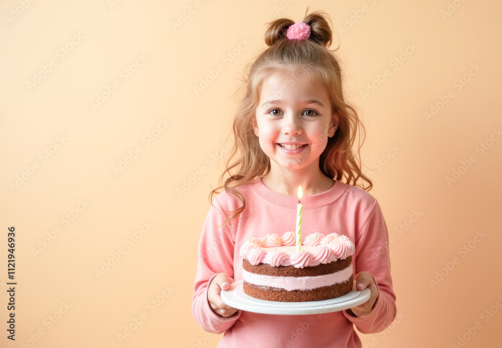 A five-year-old girl holding a beautiful birthday cake on a colored background A five-year-old girl holding a beautiful birthday cake on a colored background