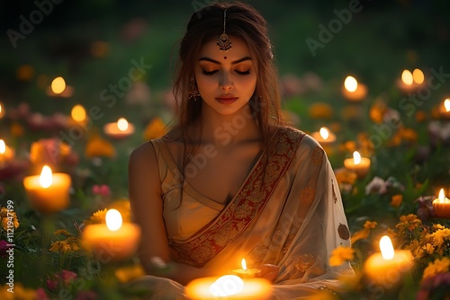 Elegant Woman in Saree with Jhumkas and Candles photo