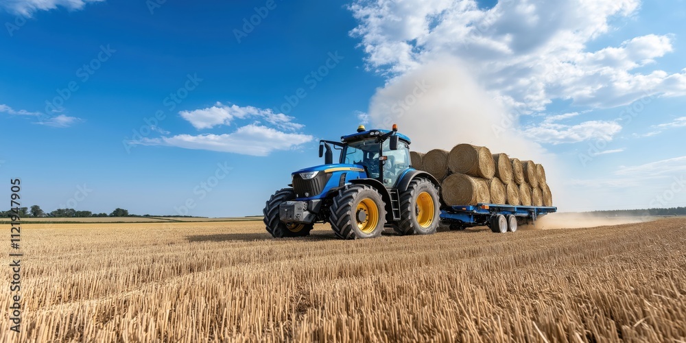 Fototapeta premium A wide shot of a rustic blue tractor pulling a trailer stacked with round hay bales