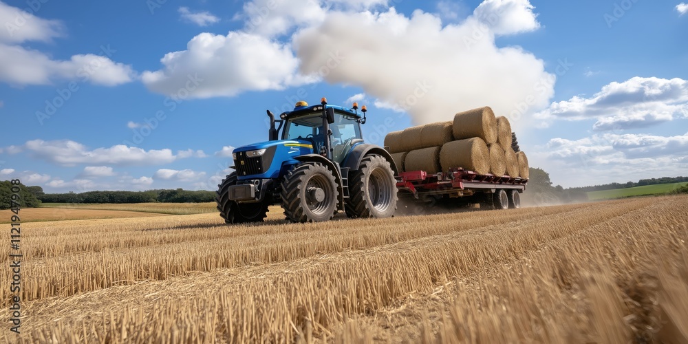 Fototapeta premium A wide shot of a rustic blue tractor pulling a trailer stacked with round hay bales
