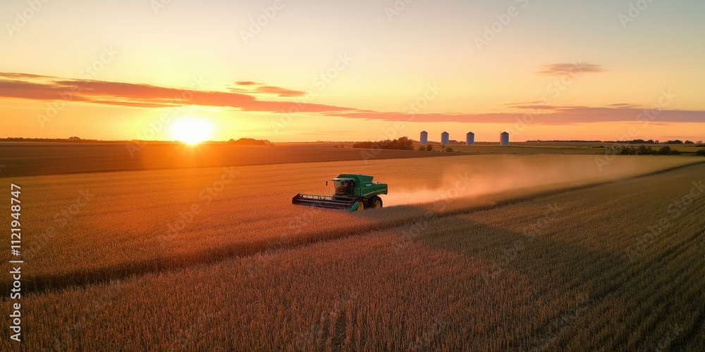 Fototapeta premium An aerial shot of a combine harvester working through a golden cornfield at sunset