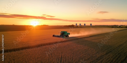 An aerial shot of a combine harvester working through a golden cornfield at sunset