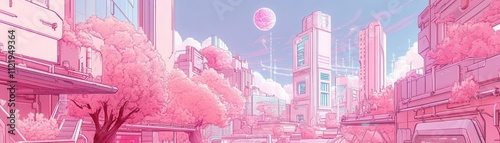 Futuristic cityscape with pink trees and modern buildings against a vibrant sky.