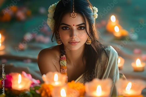 Elegant Young Woman Diwali Gold Maang Tikka photo