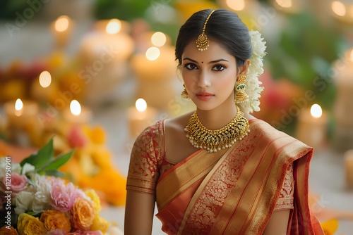 Elegant Young Woman in Gold Temple Jewelry Portrait
