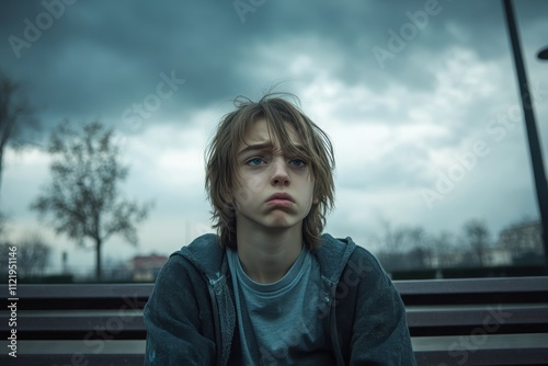 Sad Young Boy Sitting on a Park Bench Under a Dramatic Overcast Sky with Expression of Loneliness and Reflection in Urban Environment