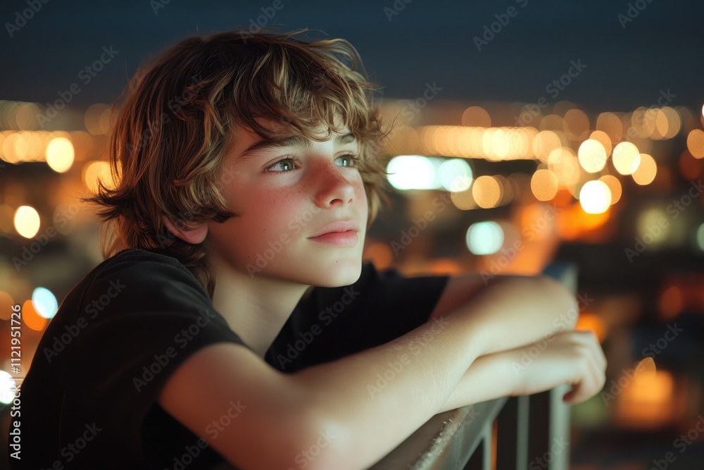 Fototapeta premium Thoughtful Boy Gazing at City Lights from a High Balcony at Nighttime with a Dreamy Expression and Soft Glow in the Background