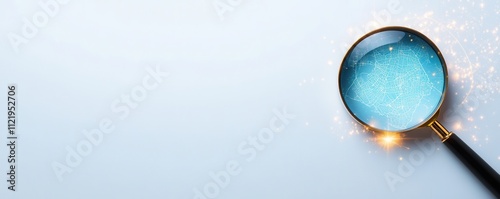 A magnifying glass focuses on sparkling blue particles against a soft, light background, suggesting exploration or discovery.