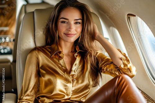 A beautiful woman sitting in the back of a private jet, wearing a gold satin shirt and brown leather pants photo