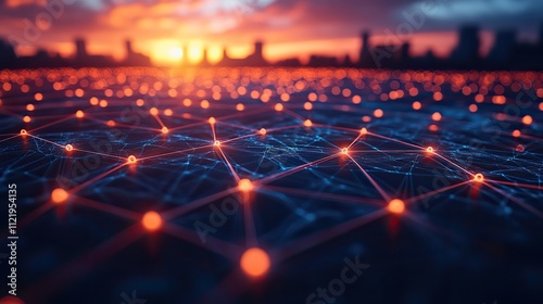 A group of people is connected by internet circles and lines, symbolizing online community