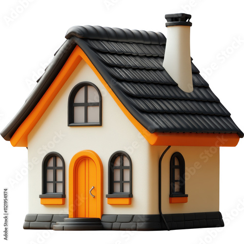 Vibrant Cartoon House with Orange Door and Black Roof