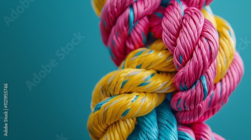 Wallpaper Mural Close up of a vibrant knotted rope in pink, yellow, and blue on a teal backdrop symbolizing unity Torontodigital.ca