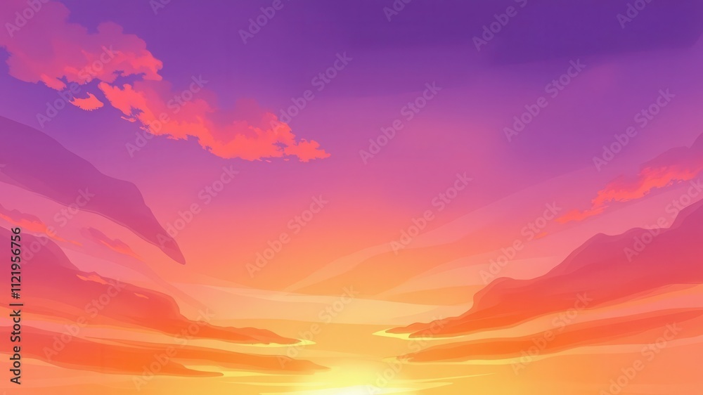 Naklejka premium Abstract watercolor sunset sky in shades of orange and purple, perfect for backgrounds or design elements, sky, gradient