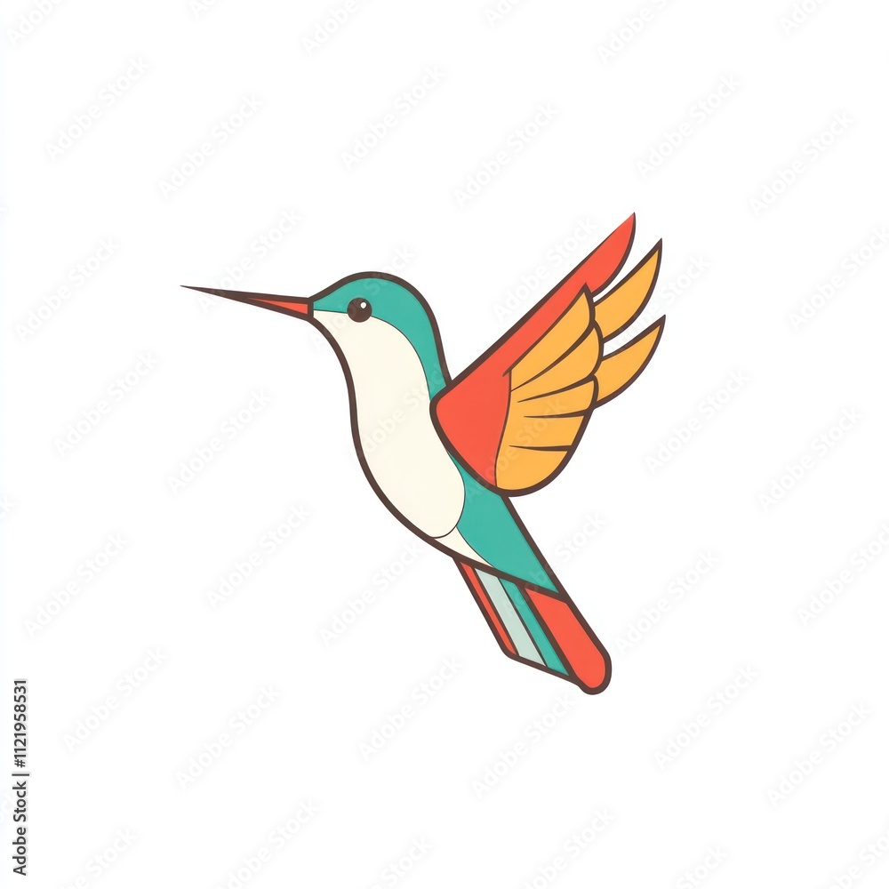 Obraz premium Colorful hummingbird in flight, minimalist line art illustration.